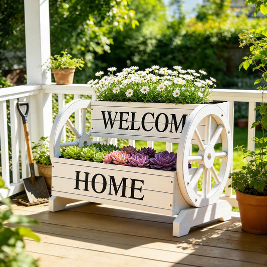 Ultym 2-Tier Wooden Wagon Planter Box, Extra Large Decorative Flower Cart with Wheels, Washed White Rustic Wood Planter with Drainage Holes & Non-Woven Liner, Raised Bed for Flowers Herbs Vegetables
