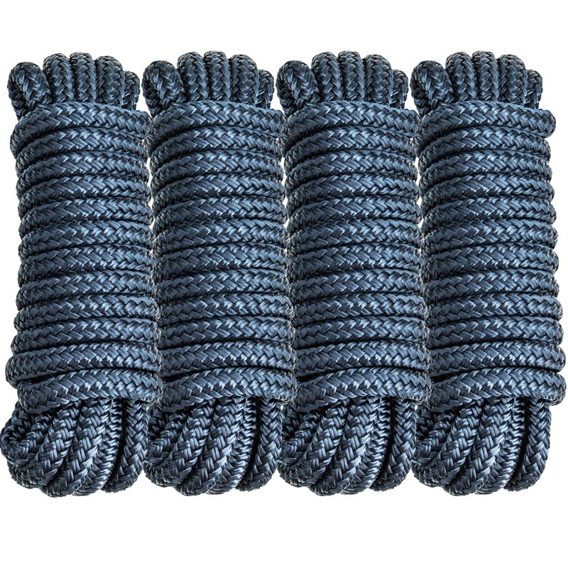 PropelTech 4 Pack 3/8" x 15’ Boat Dock Lines for Boat & Pontoon, Premium Marine- Grade Double Braided Nylon Dock Line, Pre-Spliced with a 12" Eyelet-Navy Blue,Boating Gifts for Men