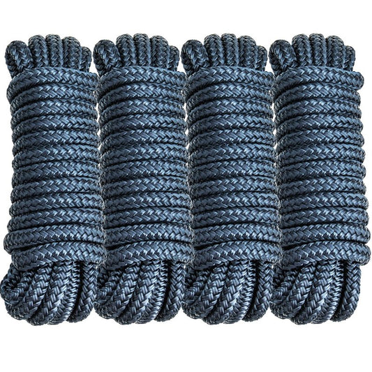 PropelTech 4 Pack 3/8" x 15’ Boat Dock Lines for Boat & Pontoon, Premium Marine- Grade Double Braided Nylon Dock Line, Pre-Spliced with a 12" Eyelet-Navy Blue,Boating Gifts for Men