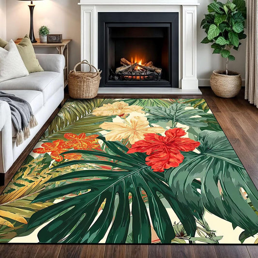 DJNEAR 5' x 7' Tropical Hawaiian Plant Area Rug Palm Leaf Hibiscus Living Room Carpet Nature Forest Floor Mat Doormat for Kids Dining Room Bedroom Playroom Laundry Nursery