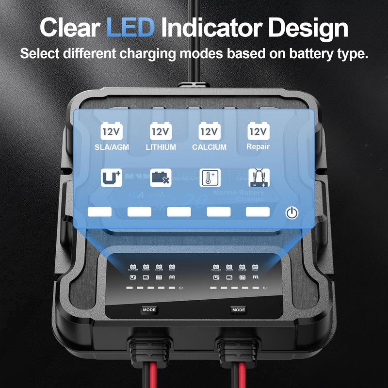 MVMOD 2 Bank Marine Battery Charger, 20A (10A/Bank) 12V IP68 Waterproof Lithium Onboard Battery Charger for SLA/AGM, Lithium(LiFePO4), Calcium Batteries