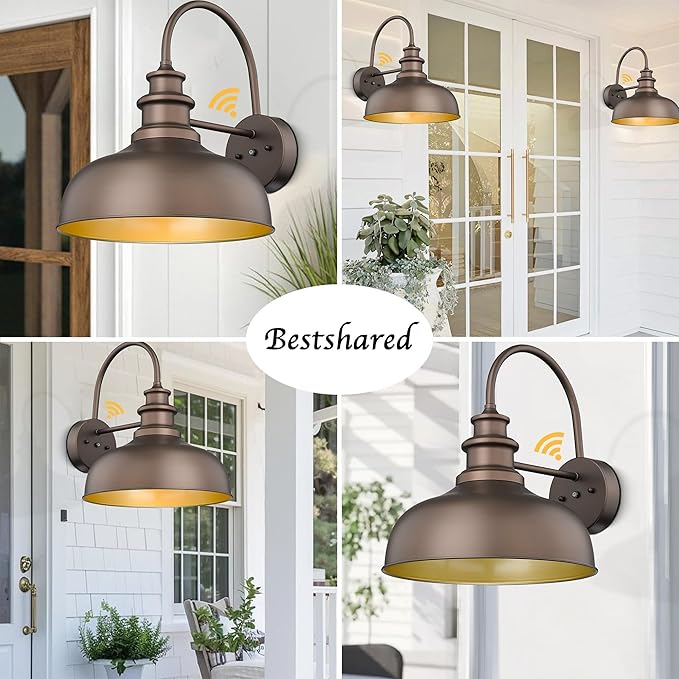 Bestshared 14 Inch Dusk to Dawn Gooseneck Barn Lights Farmhouse Outdoor Wall Sconce Industrial Exterior Wall Lighting Fixture Vintage Porch Lantern Lamp for Patio,Garage,Front Door(ORB+Gold,14"-1Pack)