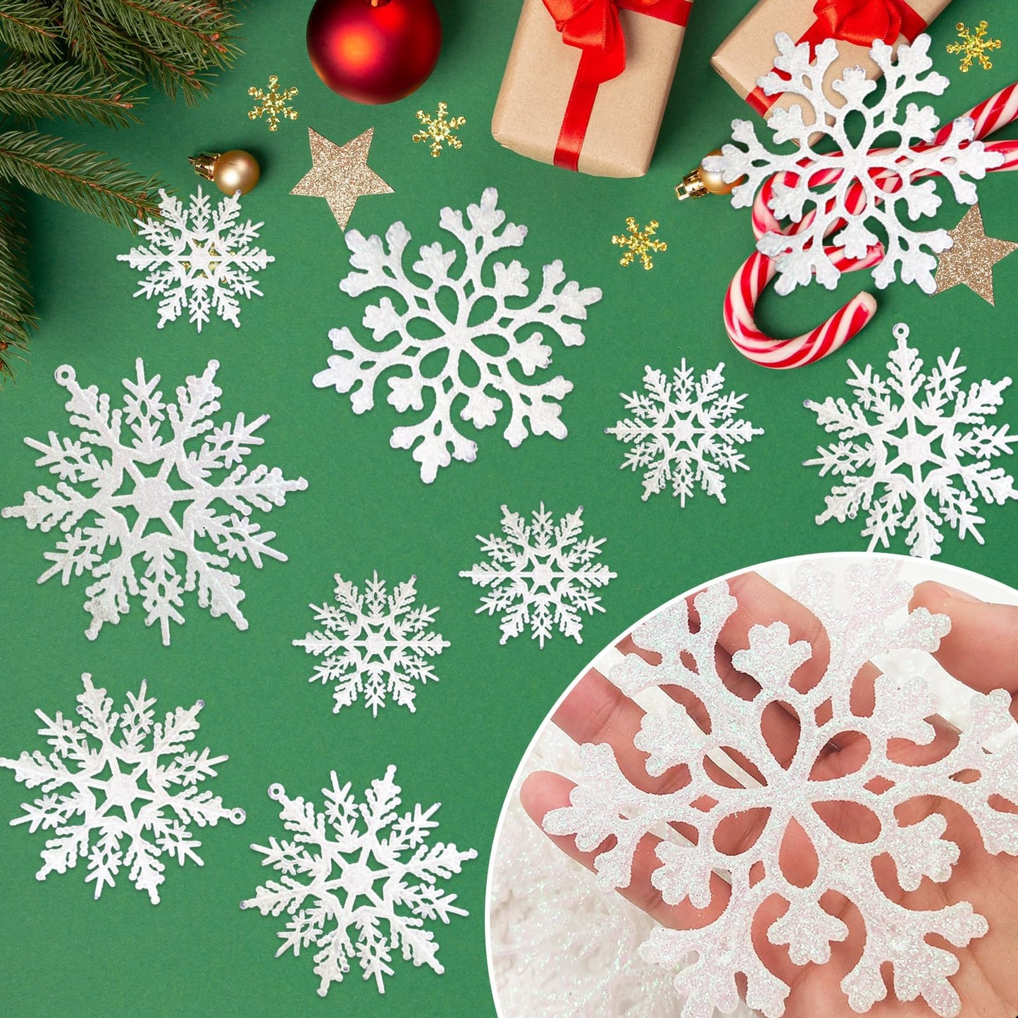 36 Pack White Snowflake Ornaments Plastic Glitter Snow Flakes Ornaments for Winter Christmas Tree Decorations Size Varies Craft Snowflakes
