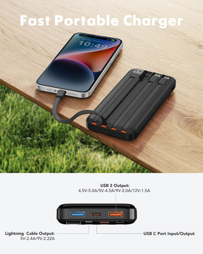 Charmast Power Bank, 20000mAh Built-in 4 Cables Portable Charger, 20W Fast Charging Battery Pack with 4 Ports, USB-C Powerbank for iPhone 16/15/14 Series, iPad, AirPods, Android Phone,and more(Black)
