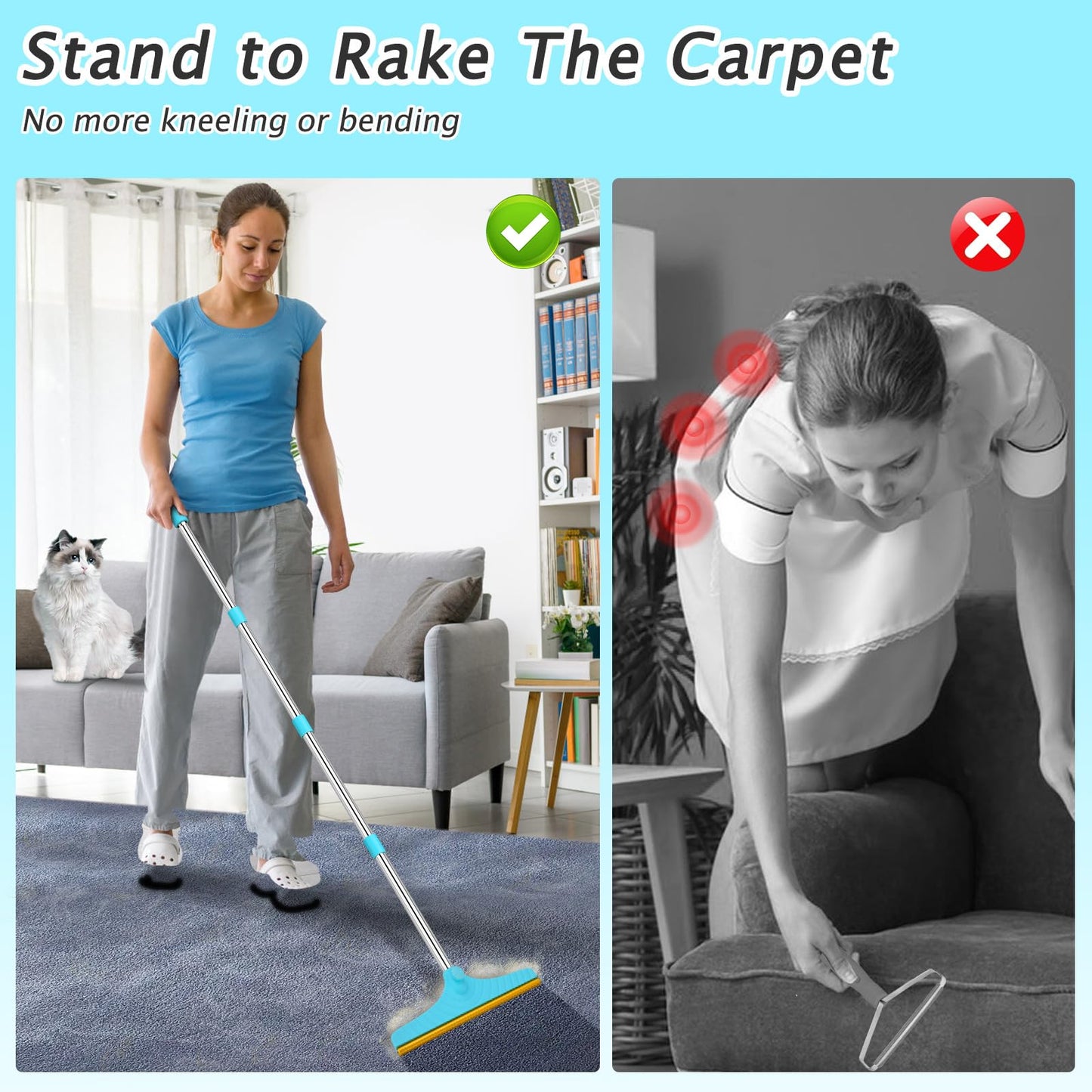 Eaersan Carpet Rake for Pet Hair Removal - Reusable Pet Hair Remover, 60” Adjustable Long Handle Cat Dog Carpet Rake Scraper, Dog Hair Rake Brush for Rugs, Mats, Couch, Furniture