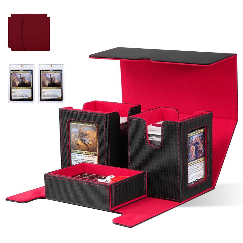 ZLCA Card Deck Box with Commander window Display, MTG Deck Box with Dice Tray Holds 200+ Double-Sleered Cards,Card Storage Case fit for YuGiOh,MTG,Sport (Black&Red)