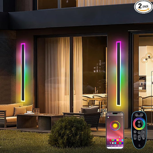 Outdoor RGB Long Wall Lights, 31.5inch 2 Pack RGB/Warm/White Dimmable Modern Led Wall Lighting, Ip65 Waterproof Long Wall Sconce with Remote and APP Control for Outdoor/Indoor