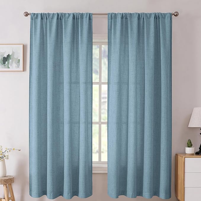 Tollpiz Short Linen Curtains Bedroom Rod Pocket Semi Sheer Curtain Burlap Light Filtering Thick Linen Drapes for Living Room, 38 x 45 inches Long, Dusty Blue, Set of 2 Panels