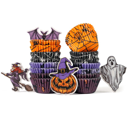 Bake Choice 400 pcs Halloween Mini Cupcake Liners with 12 pcs Cupcake Toppers, Mini Cupcake liners for baking, Halloween Cupcake Decorations