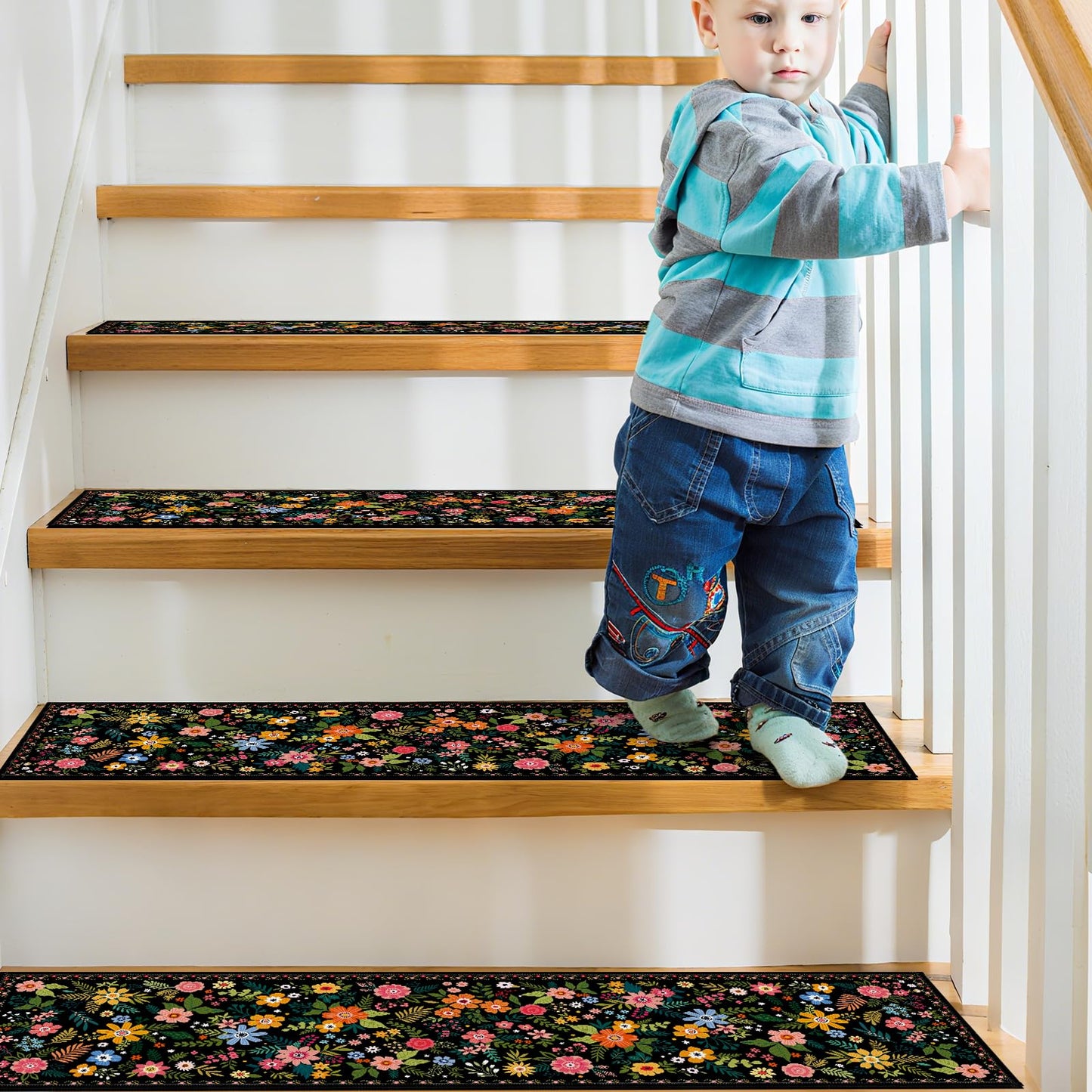 InIsaJace Floral Stair Treads for Wooden Steps, 15 Pack Black Stair Runners Non Slip Indoor 8" X 30", Washable Carpet Rugs with Silicone Backing for Kids Elders and Dogs