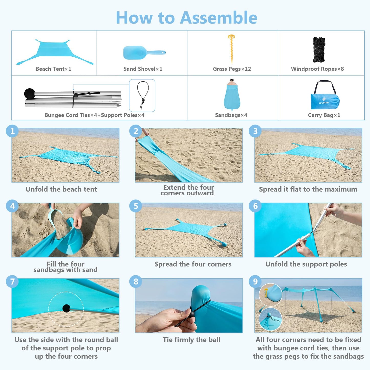 WILDPATH Beach Tent Sun Shelter 10 x 10FT with 8 Sandbags, UPF 50+ Protection Beach Shade Canopy, Eazy Up Portable Canopy Tent for Sun, Camping, Fishing, Backyard