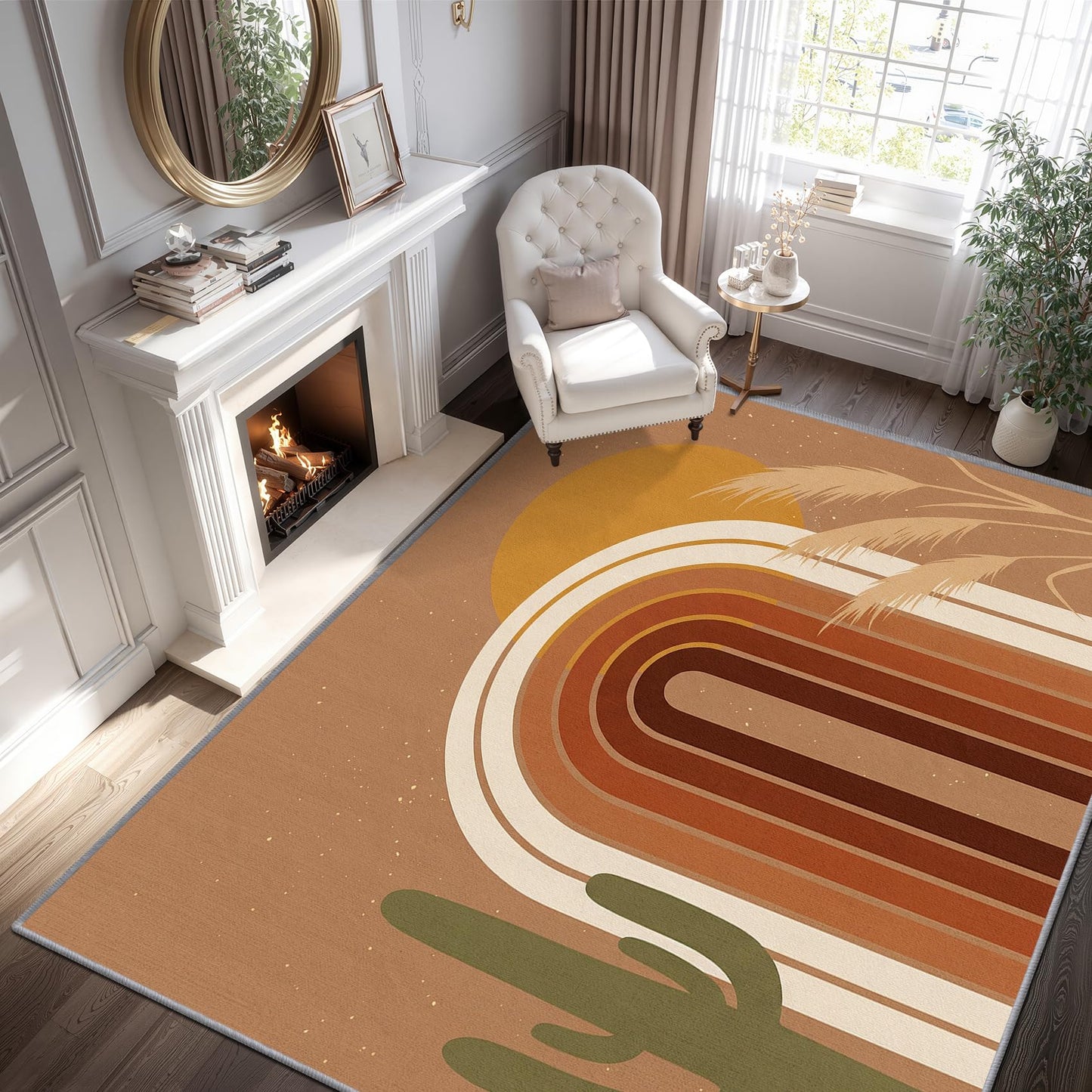 Phtbz Mid Century Rugs 8x10-7x10 ft, Abstract Rug, Modern Geometric Cactus Area Rugs for Living Room Bedroom, Boho Earth Tone Sun Rainbow Washable Rug Non-Slip Carpet, Mid Century Home Decor & Gifts