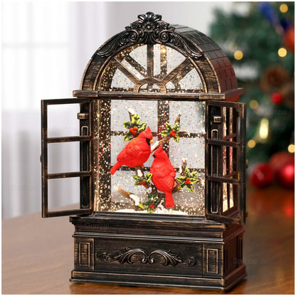 Gorrzai Cardinal Snow Globe Lantern Christmas Snow Globes Arched Window Shape Christmas Decorations Indoor for Home Timer Christmas Music Box, USB and Battery Powered