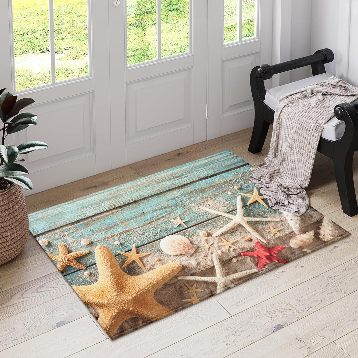Beach Shells Starfish Indoor Door Mat, Outdoor Entrance Doormat for Entryway Kitchen Bathroom 17 X 29 Inch
