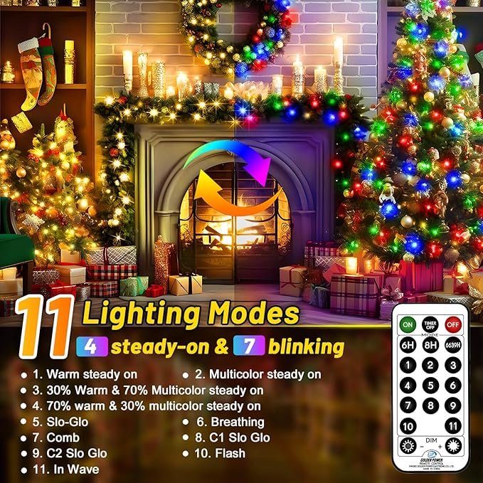 KNONEW Christmas Lights Outdoor 300 LED 99FT Green Wire Color Changing String Lights with 11 Modes & Timer Dimmable Fairy Light for Xmas Tree Roof Yard Wedding Decorations(Warm White to Multicolor)