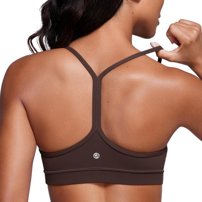 CRZ YOGA Butterluxe Y Back Sports Bras for Women - Padded Racerback Low Impact Spaghetti Thin Strap Workout Yoga Top Hot Fudge Brown Small