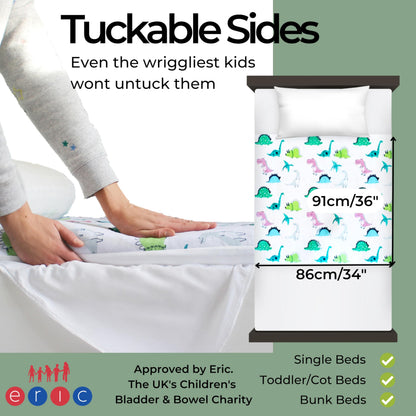 Hygge Sheets® Potty Training Bed Pads | 100% Waterproof | Bed Wetting Sheets for Single and Toddler Beds | Non Slip, Easy to Change at Night | Includes Free Children's E-Book | UK Brand | Dinosaur