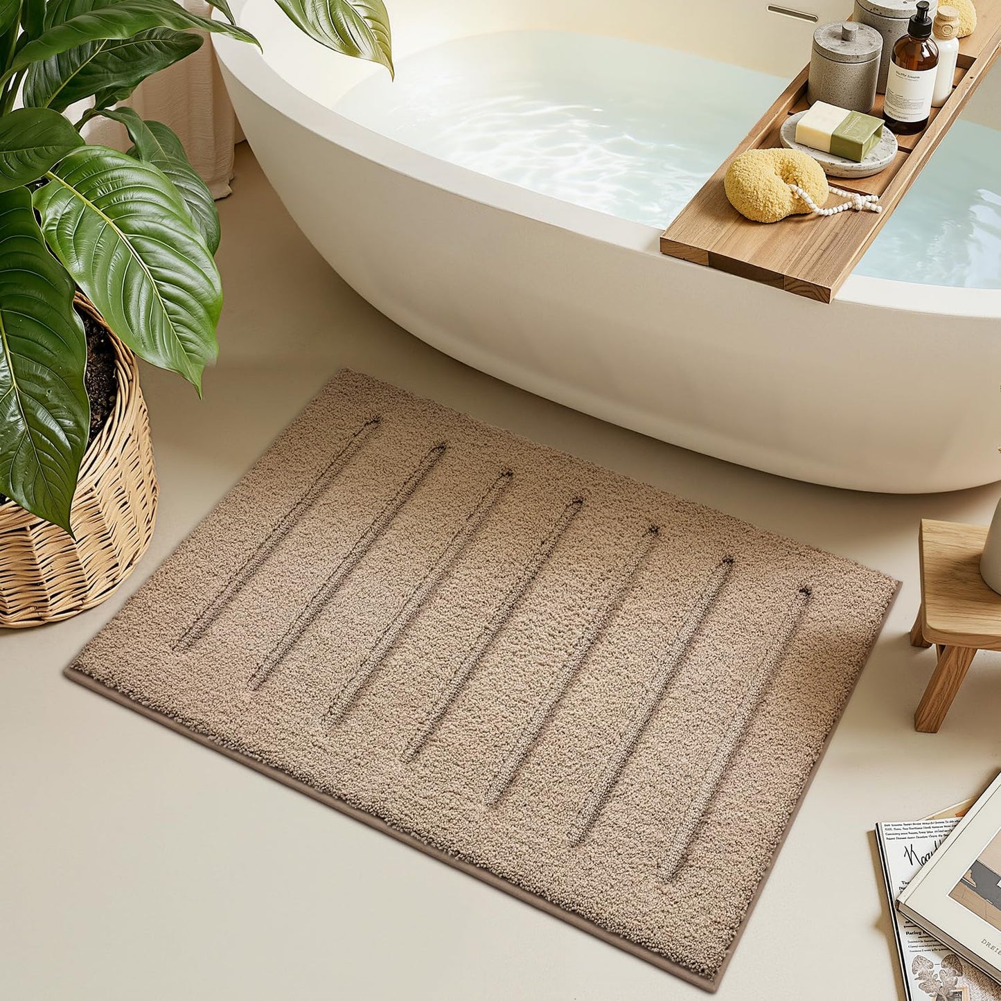 LUMI Non-Slip Skin-Friendly Bathroom Rugs, Hotel Quality Bath Mats for Bathroom, Washable Fluffy Shower Mat, Minimalist Luxury Striped Style,Ideal for Floor, Shower Tub, Entryway, 17"x30", Beige