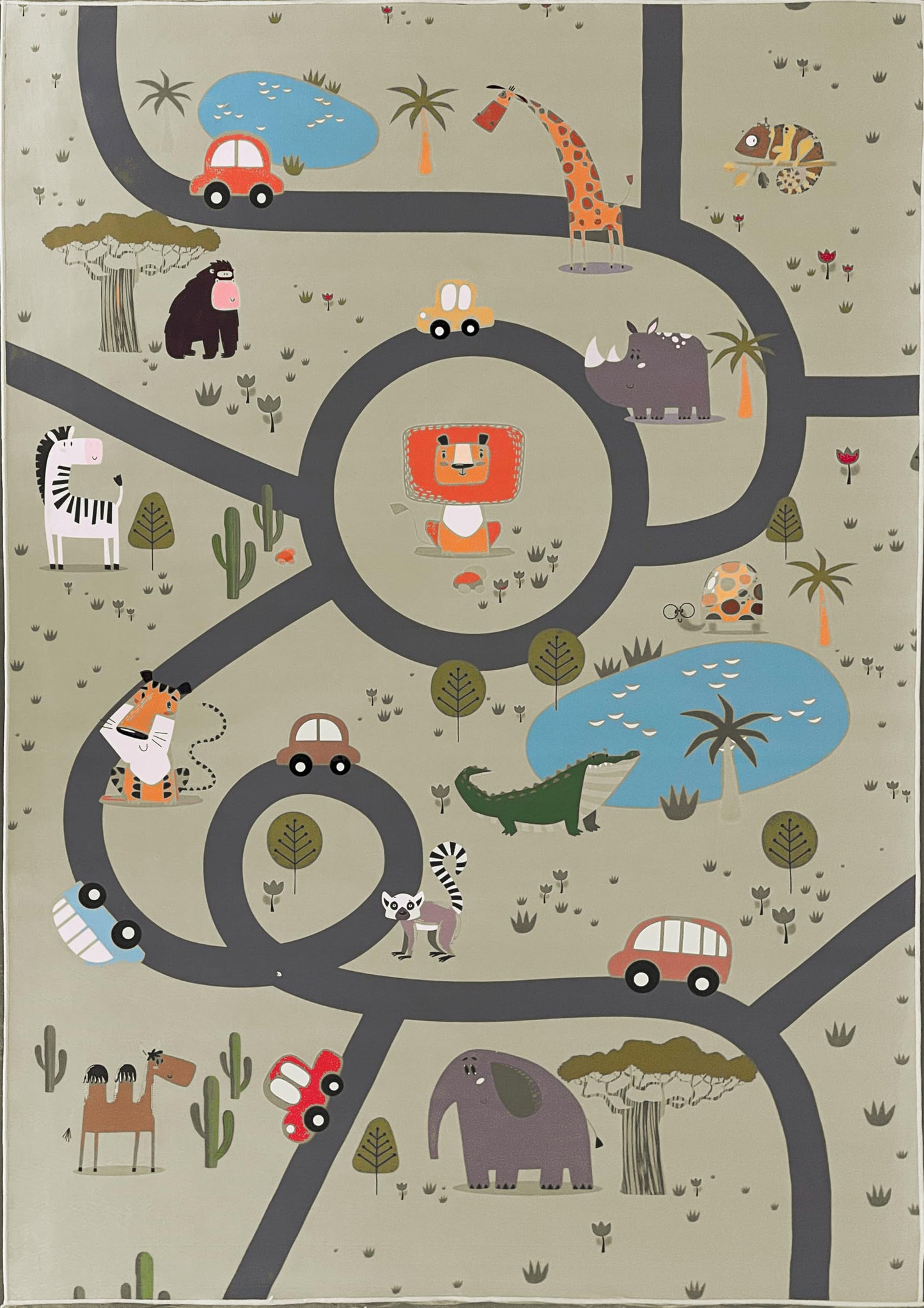 the carpet Happy Life Play mat, washable, for children's rooms, designs: street, road, jungle, animals and cars, green-2, 80 x 150 cm