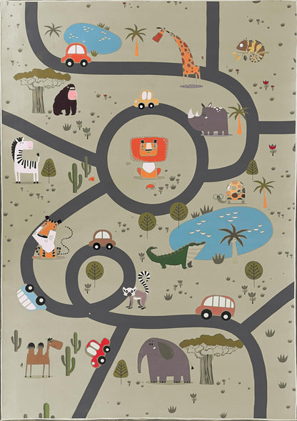 the carpet Happy Life Play mat, washable, for children's rooms, designs: street, road, jungle, animals and cars, green-2, 80 x 150 cm