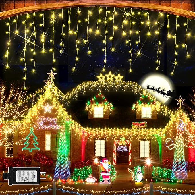 131 FT 1280 LED Christmas Lights Outdoor Decorations Super Long Clear Wire String Lights Plug in 240 Drops 8 Modes Memory Timer Curtain Fairy Lights Waterproof for Holiday Wedding Party-Warm White