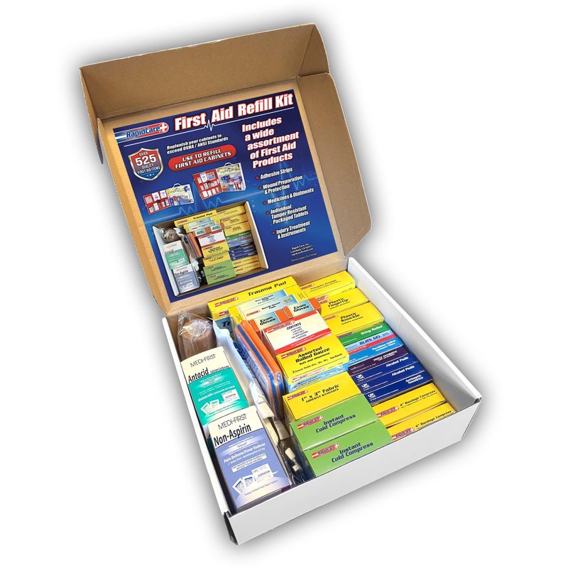 Rapid Care 3-Shelf First Aid Refill Kit - 525 Piece OSHA & ANSI Compliant Refill for First Aid Cabinets, Serves 75+ People, Color-Coded Workplace, School & Office First Aid Supplies