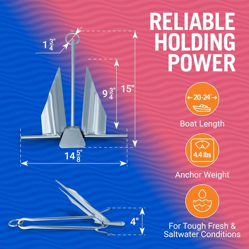 Boat Anchor with Slip Ring, Fluke Design for Pontoon, Jon Boat, or Small Boats, Galvanized Steel Marine Grade, Suitable for Sea and Lake, 5 lb Anchor for Boats 20-24 ft
