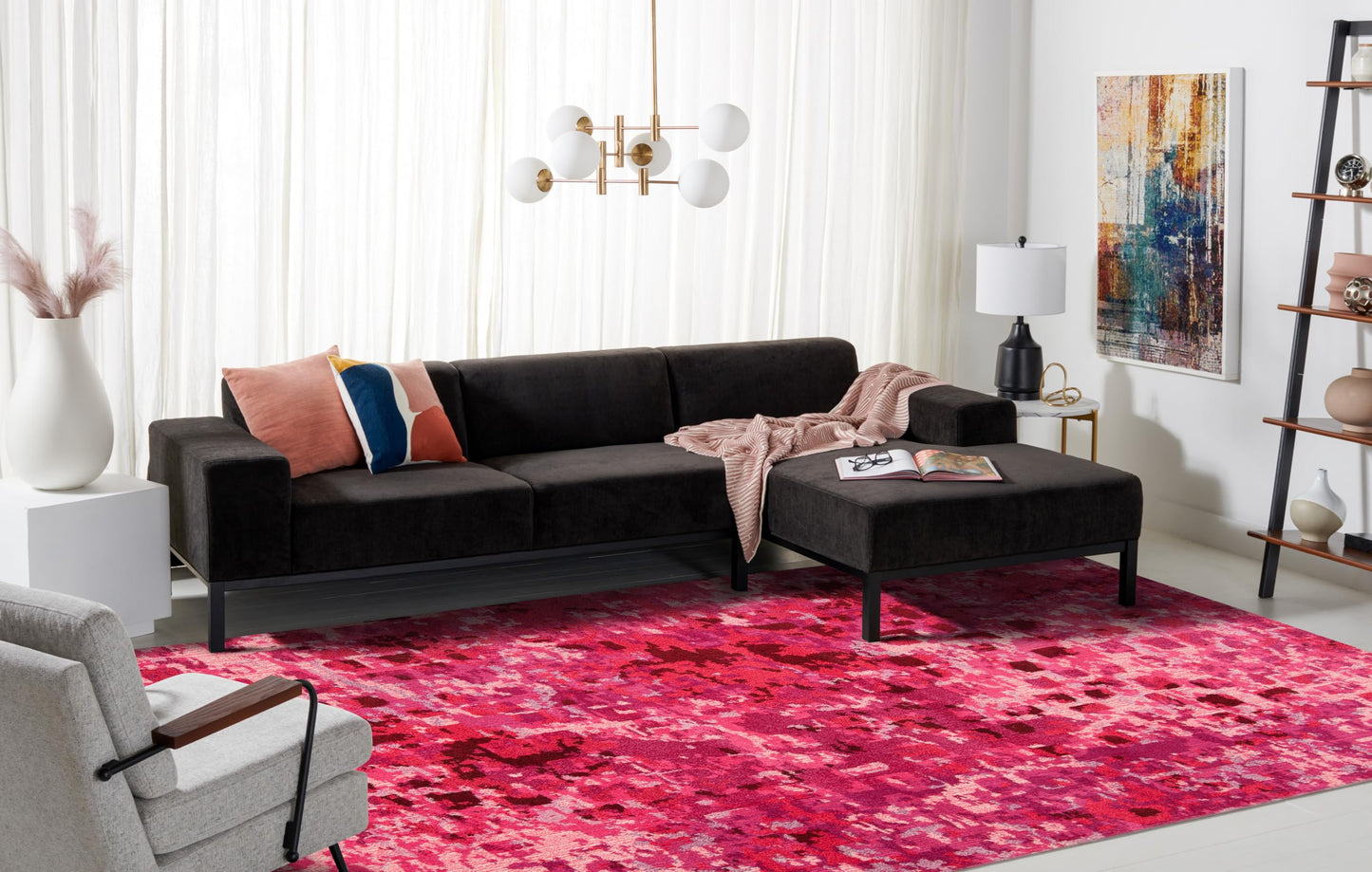 SAFAVIEH Monaco Collection Area Rug - 6'7" x 9'2", Fuchsia, Boho Chic Abstract Watercolor Design, Non-Shedding & Easy Care, Ideal for High Traffic Areas in Living Room, Bedroom (MNC225F)