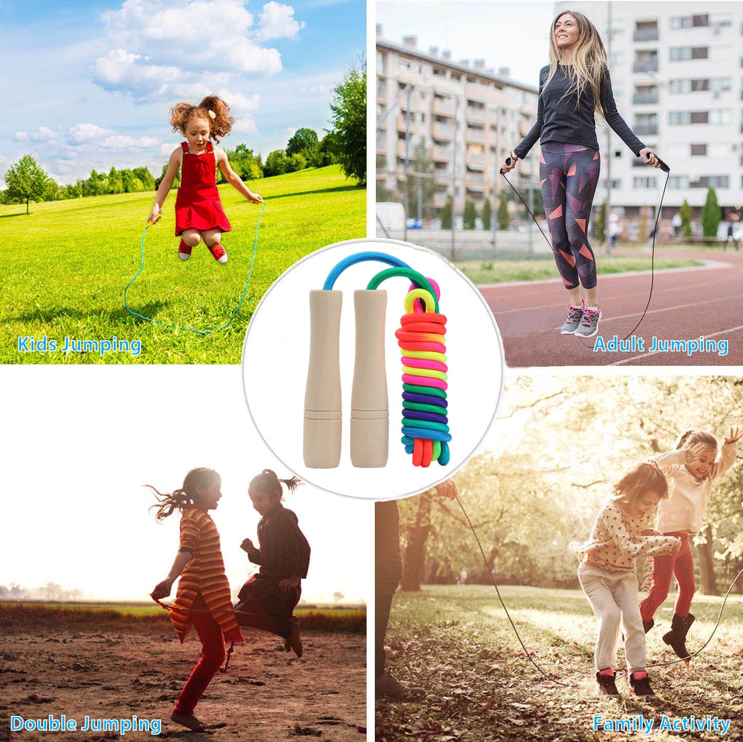 Jump Rope Kids, 8.5ft Adjustable Cotton Skipping Rope with Wooden Handle for Boys and Girls Fitness Outdoor Exercise (Rainbow color)