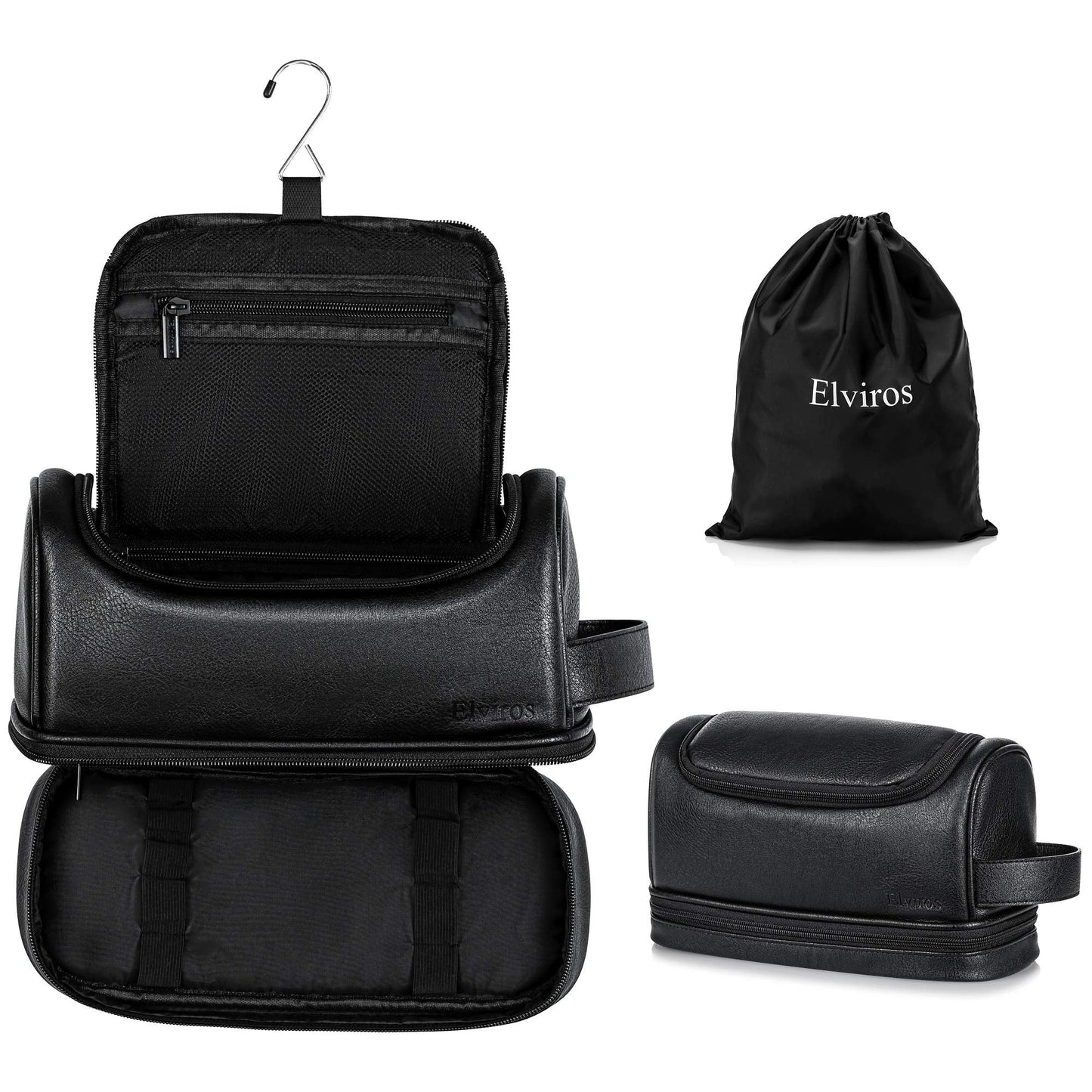 Elviros Toiletry Bag for Mens PU Leather Travel Organizer Kit with Hanging hook, Large Water-resistant Toiletries Bathroom Shaving Bags (Black)