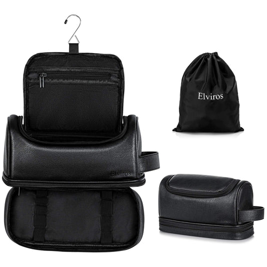 Elviros Toiletry Bag for Mens PU Leather Travel Organizer Kit with Hanging hook, Large Water-resistant Toiletries Bathroom Shaving Bags (Black)
