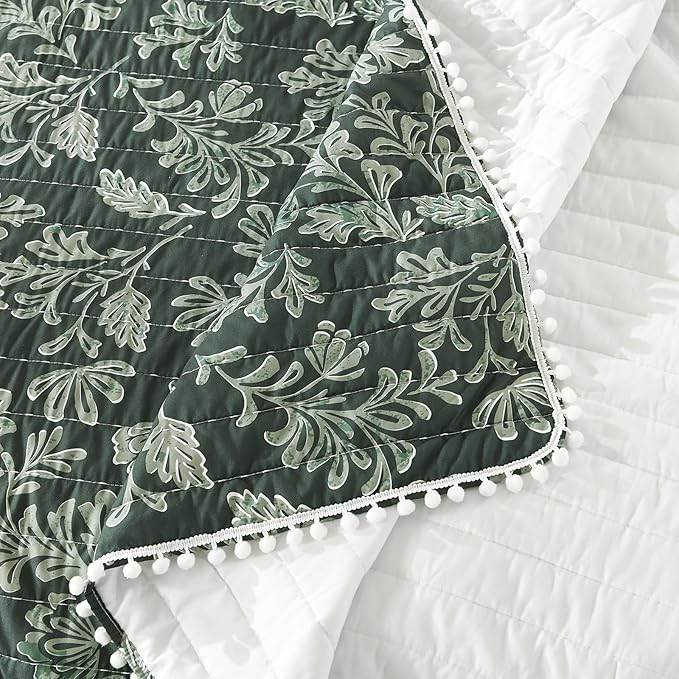 Ultra Soft Pre-Washed Quilted Throw Blanket, Floral Printed Pompom Fringed Dark Green Decorative Throws, Chic Rustic Blanket for Sofa Couch Bed Chair, 90"x 90"