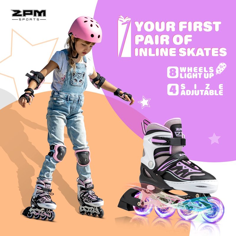 2PM SPORTS Cytia Pink Girls Adjustable Illuminating Inline Skates with Light up Wheels, Fun Flashing Beginner Roller Skates for Kids (Purple, Small - Little Kids (10C-12.5C US))