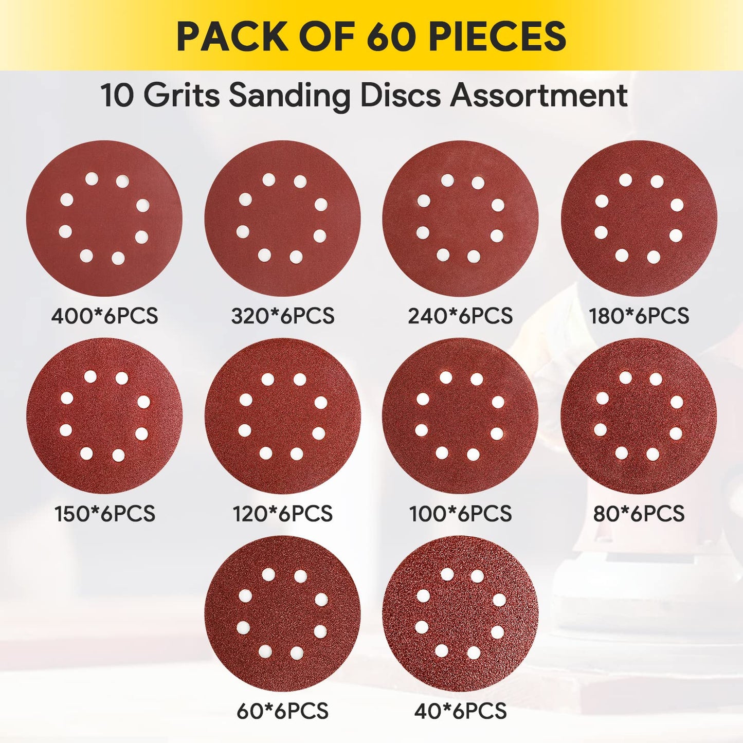 60Pcs Sanding Discs Pads, AUGOLA Hook and Loop 40 60 80 100 120 150 180 240 320 400 Mixed Grits 125mm Sandpaper Sheet for Random Orbital Sander, 8-Holes