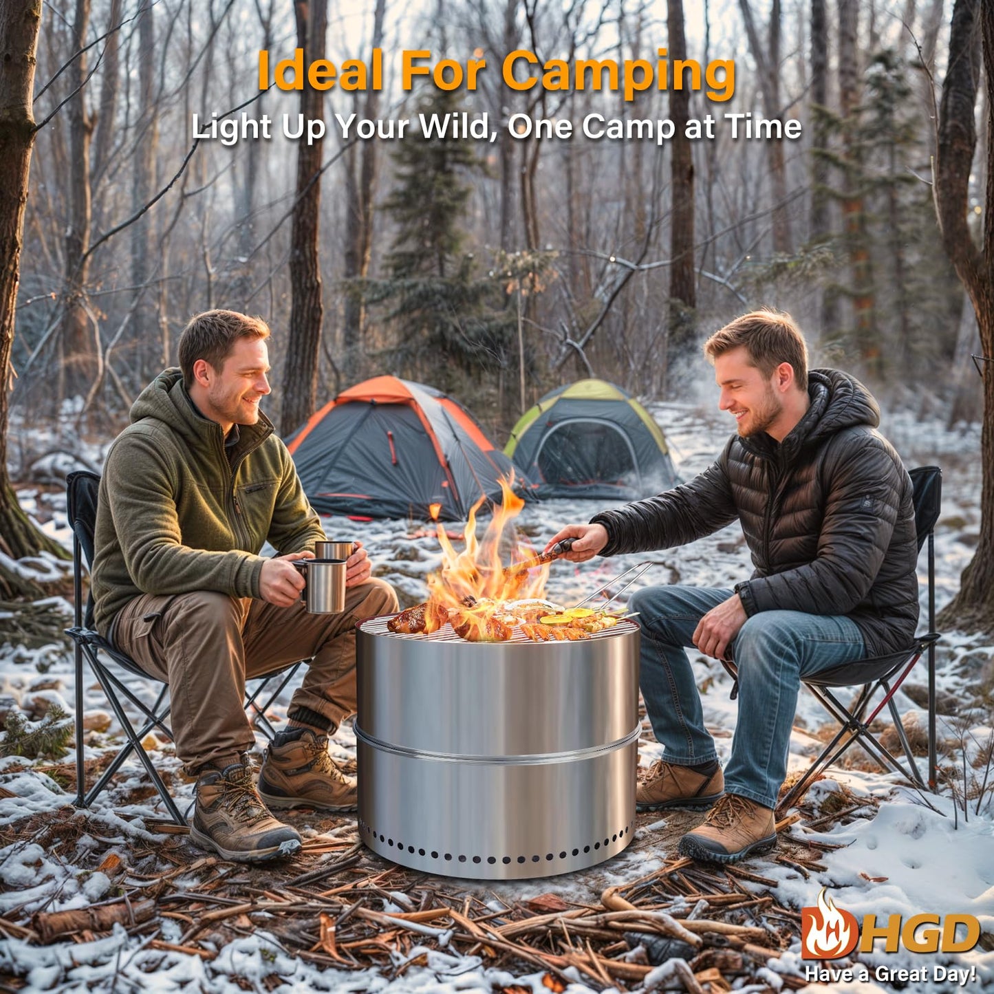 HGD 20 Inch Smokeless Firepit with Grill, Portable Wood Burning Fire Pit for Camping & Backyard, Stainless Steel Outdoor Fireplace with Travel Bag, Easy Setup & Compact Storage - Foldable Design