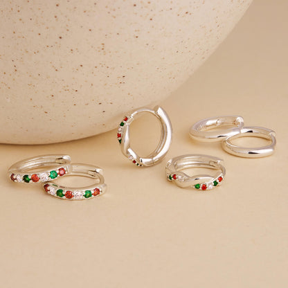 Inerney Sterling Silver Christmas Earrings Set for Women, Dainty Small Huggie Hoop Earrings Holiday Jewelry for Multiple Piercings, Trendy Twisted Cute Cartilage Hoops Winter Gift for Sensitive Ears