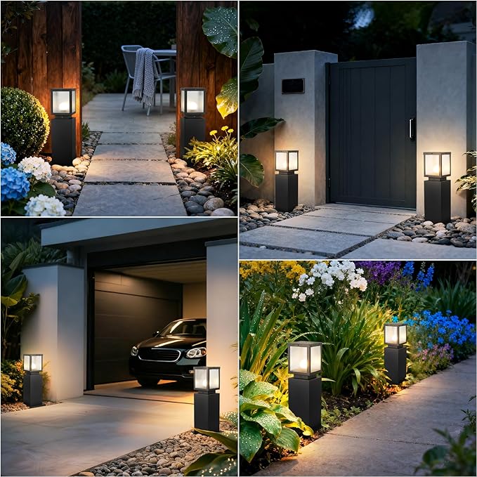 Outdoor Landscape Path Light Modern Black Waterproof Bollard Light Outside Housing Pathway Light Aluminum Walkway Lighting Hardwired E26 Sideway Post Pole Lighting Patio Porch Exterior Lawn Floor Lamp