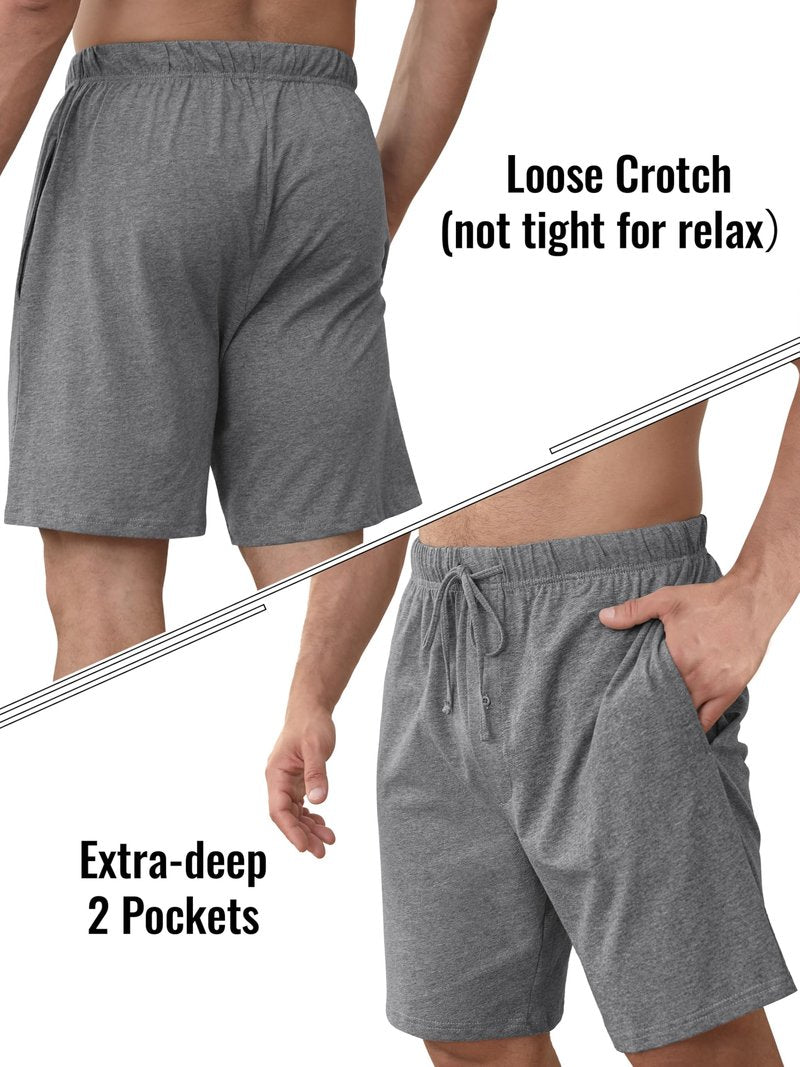 IHU 3 Pack Men's Cotton Pajama Shorts - Soft Sleepwear & Lounge Bottoms with Drawstring & Pockets Sleep Shorts for Men L Black, Navy, Gray