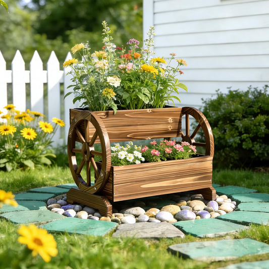 Ultym Wooden Wagon Planter Box, Extra Large 2-Tier Decorative Flower Cart with Wheels, Rustic Wood Planter with Drainage Holes & Non-Woven Liner, Raised Garden Bed for Flowers Herbs Vegetables