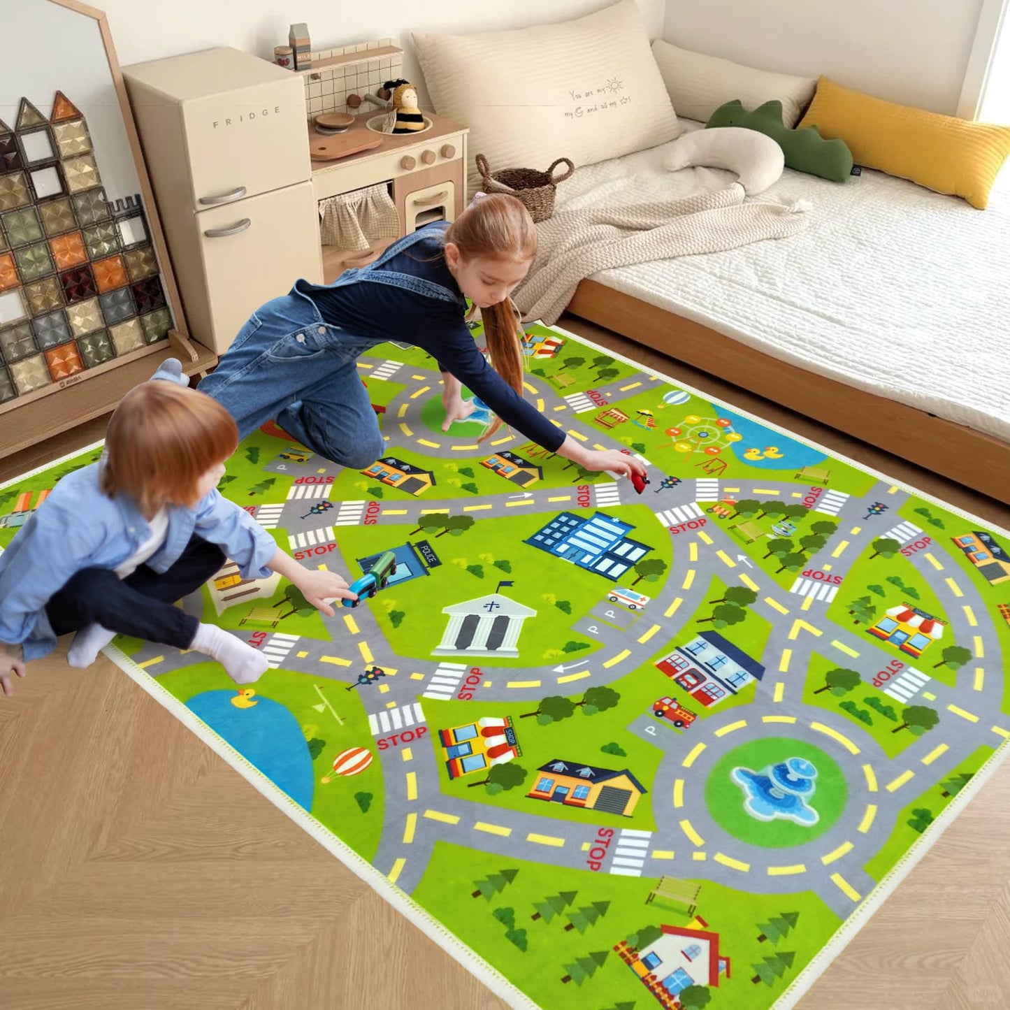 Xuzrdaa Kids Carpet Car Rug Play Mat, Road Rug - Play Learn and Have Fun Safely - Extra Large Thick (0.6cm) Kids Carpet for Playroom, Kids Bedroom, Toddler Room, Non-Slip Rugs(KR1,2.6 * 4ft)
