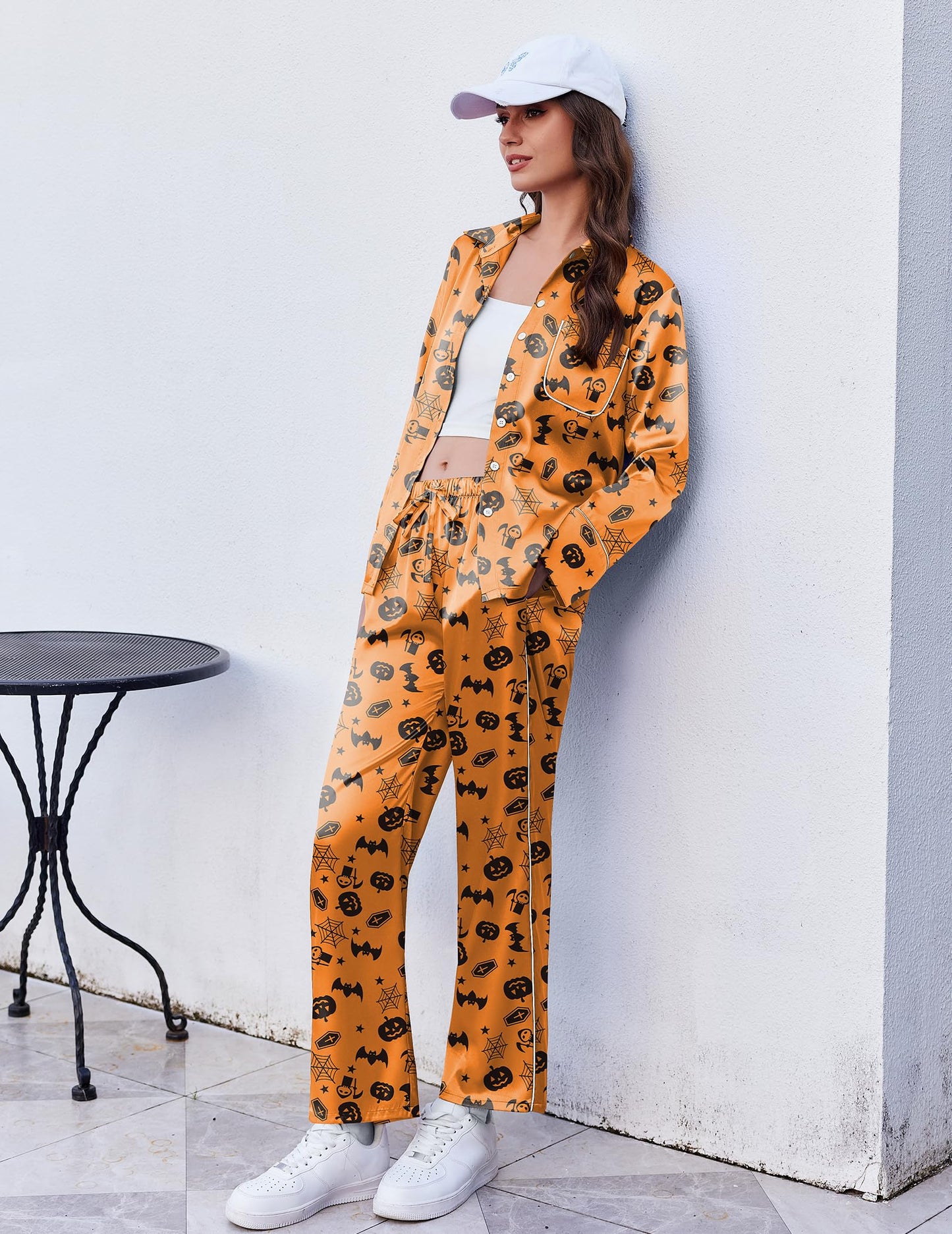 Ekouaer Silk Pajamas for Women Button Down Lounge Sets 2 Piece Sets Silky Pajama Long Pants Sleepwear with Pockets