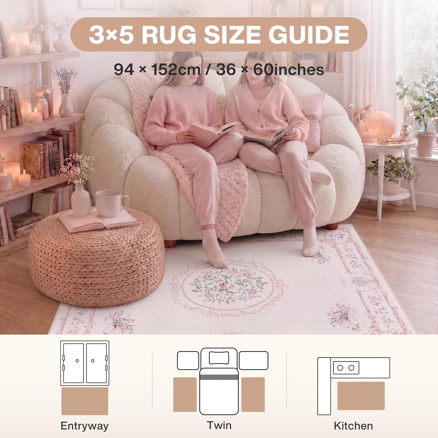 Tribesigns Floral Bow 3x5 Pink Rug for Girls Bedroom, Soft Rose Medallion Washable Nursery Living Room Area Rug, Non-Slip Low Pile Boho Floral Carpet for Dorm Kids Playroom, Pink/3x5