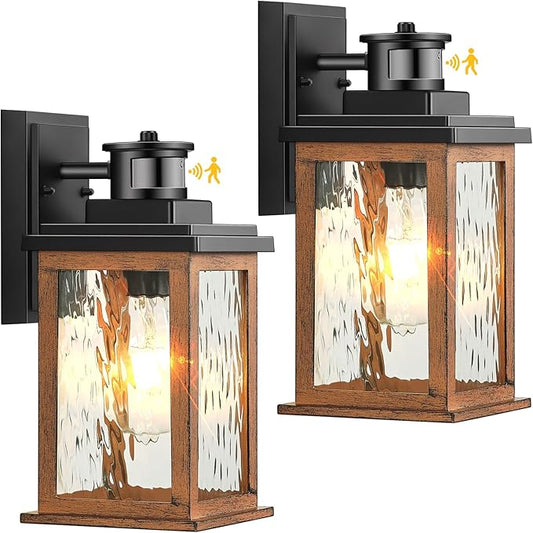 VIANIS 2 Packs Dusk to Dawn Outdoor Lighting for House, Wood Grain Motion Sensor Outdoor Lights Fixture, Garage Light Sconce Wall Mount, Lantern with Waterproof, Anti-Rust 100%, Weather Resistant
