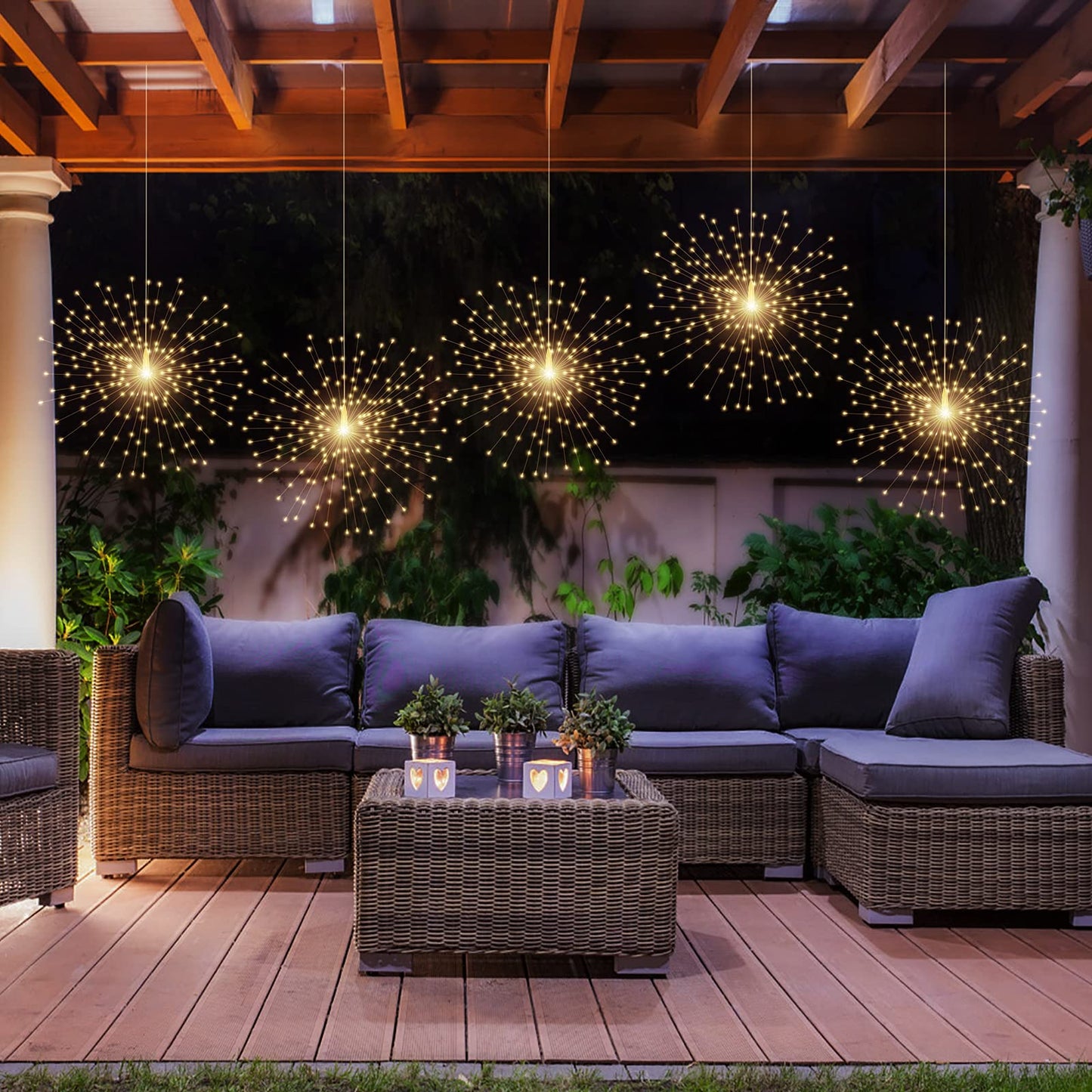 PXBNIUYA 5 Pack 1000LED Plug in Starburst Sphere Lights,Firework Light 8 Modes Dimmable Remote Control Waterproof Hanging Copper Wire Fairy Light for Patio Party Tent Christmas (Warm White)