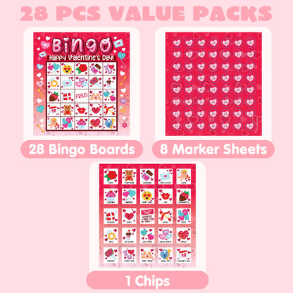 JOYIN 28 Players Valentine's Day Bingo Set, Game Cards for Kids School Classroom Party Supplies, Family Activity