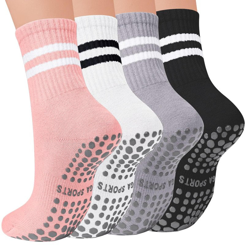 Mancreda Pilates Socks for Women with Non-Slip Grips 84% Cotton Yoga Socks for Barre, Hospital & Barefoot - One Size Fits Most (4 Pairs,PK)