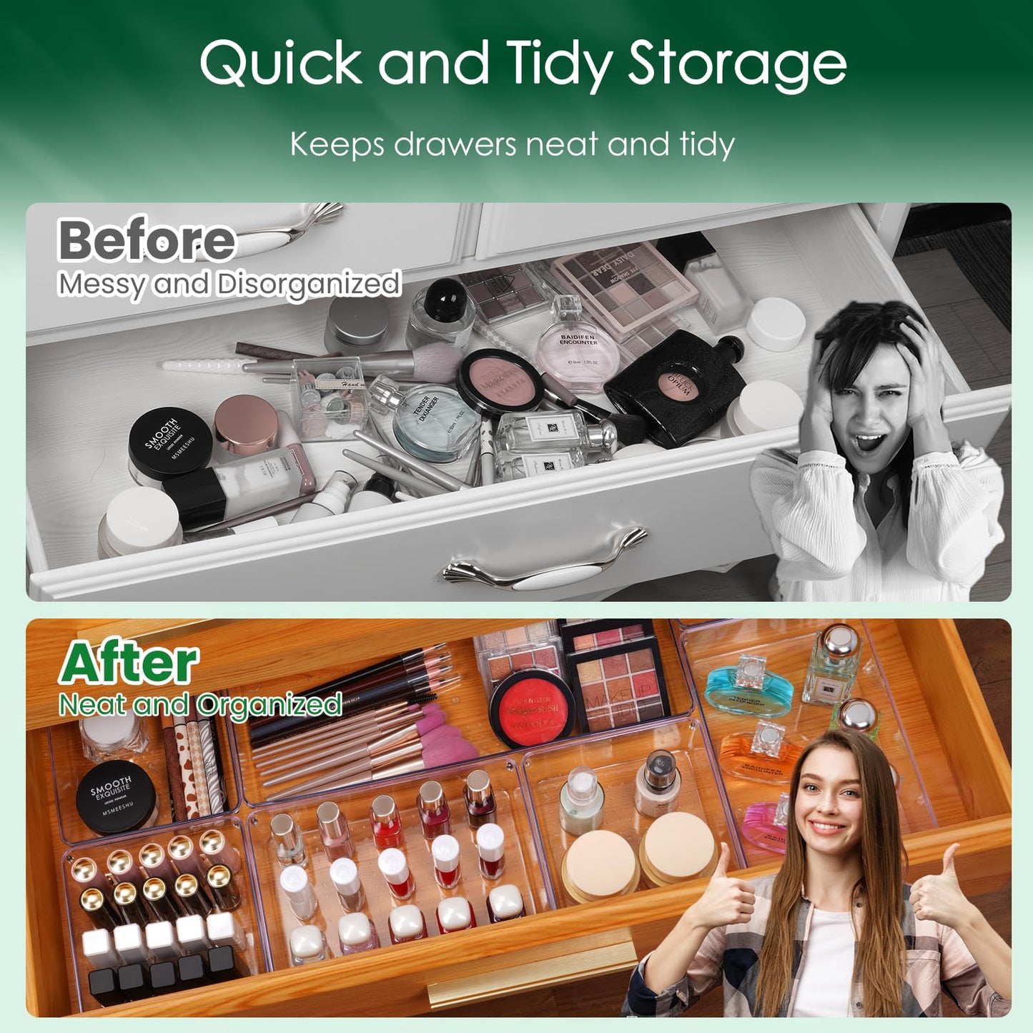 Criusia 6 Pcs Large Size Clear Drawer Organizer Set, Acrylic Non Slip Non Cracking Kitchen Drawer Storage Tray Divider, Multifunctional Storage for Cosmetics, Bathroom, Tools, Kitchen and Office