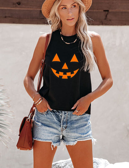 Mokoru Women's Funny Halloween Skeleton Pumpkin Skull Graphic Sleeveless Tank Top Shirts, Medium, Smile Face Black