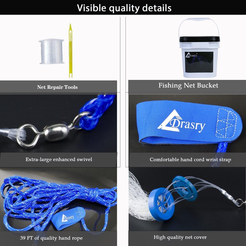 Drasry 1/4 Saltwater Fishing Cast Net for Bait Shirmp Trap Fish Throw Net with Heavy Lead Sinkers. Size 3FT to 10FT Radius Freshwater（1/4 Inch Mesh） Monofilament Cast Net, 3FT(90cm) Radius