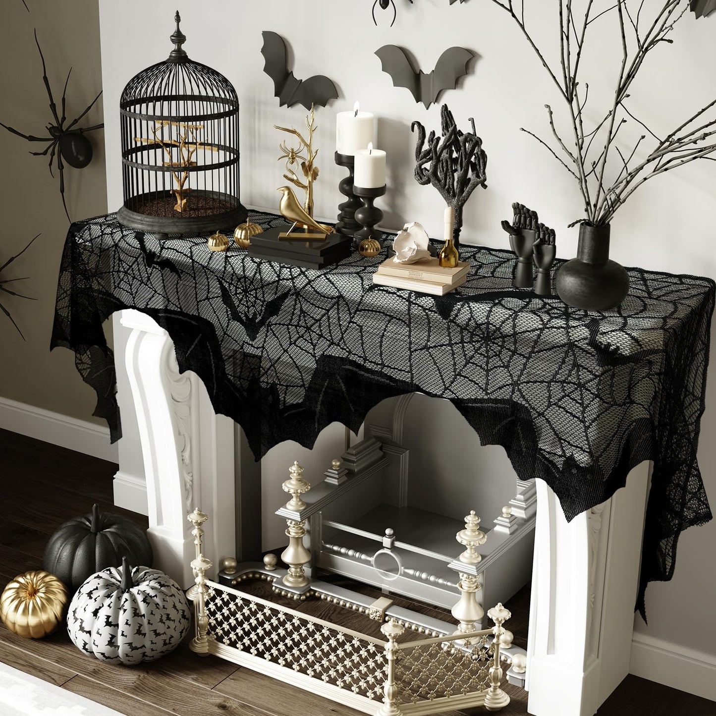 AerWo Halloween Decorations Indoor Fireplace Mantel Scarf, Black Lace Spiderweb Fireplace Cover for Halloween Mantle Decor Festive Party Supplies,20x79 inches